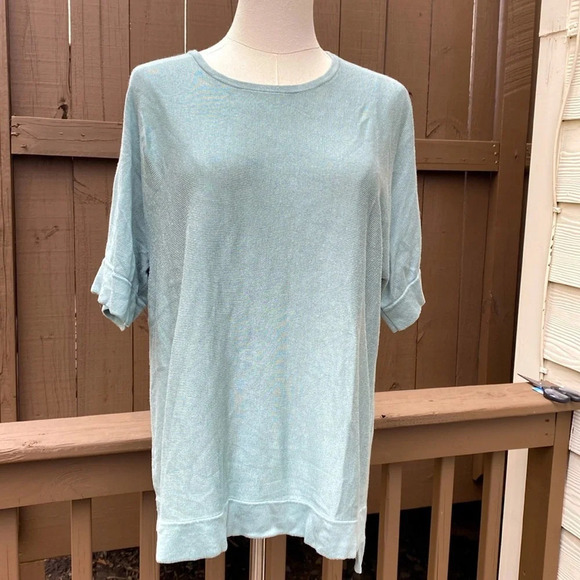 Eileen Fisher Short Sleeve Top in Seafoam Green Tencel & silk size large - Picture 2 of 11